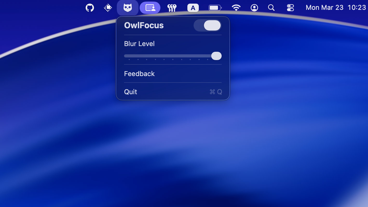 OwlFocus menu bar panel showing blur controls and settings on macOS